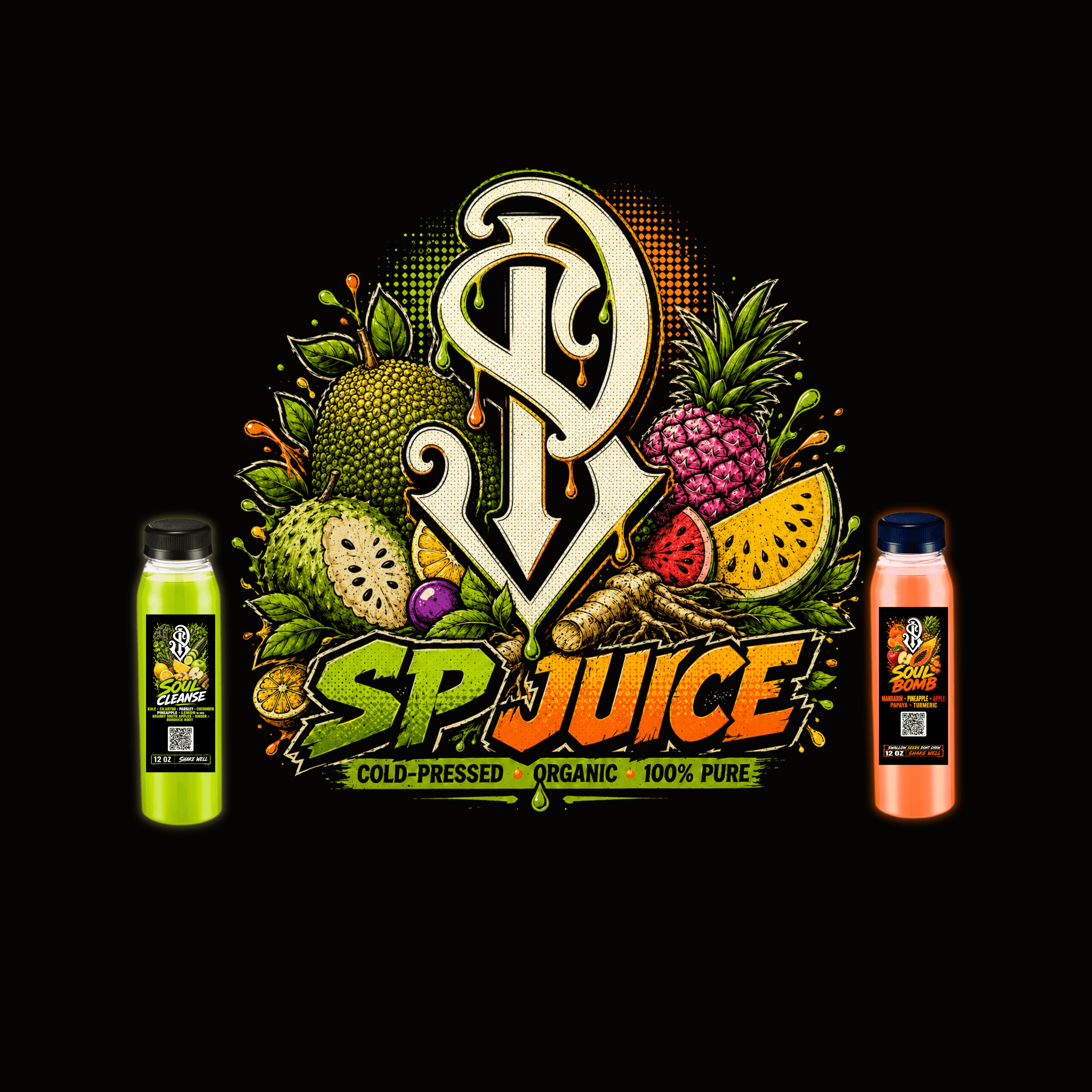 SP Juices hero artwork featuring the SP monogram, tropical fruit, Soul Cleanse and Soul Bomb bottle mockups, bold SP JUICE lettering, and cold-pressed organic branding.